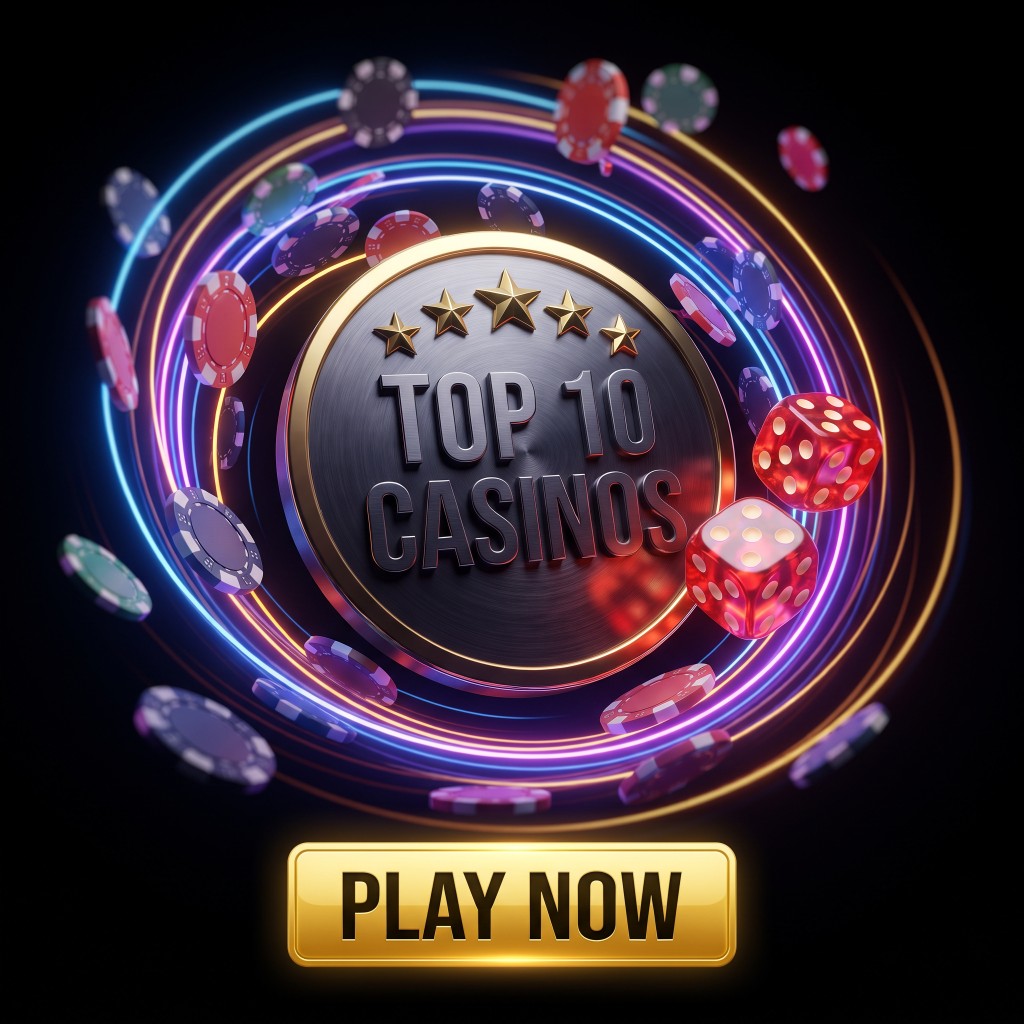 Top 10 Casinos gold medallion with neon rings, casino chips, dice and a Play Now button